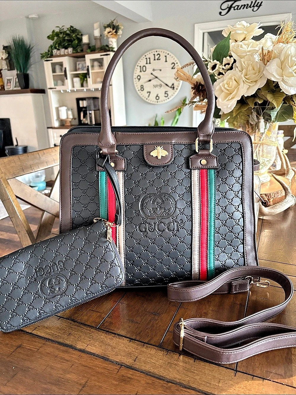 Cute Fashion Tote with Wallet in Black & Brown with Long Strap